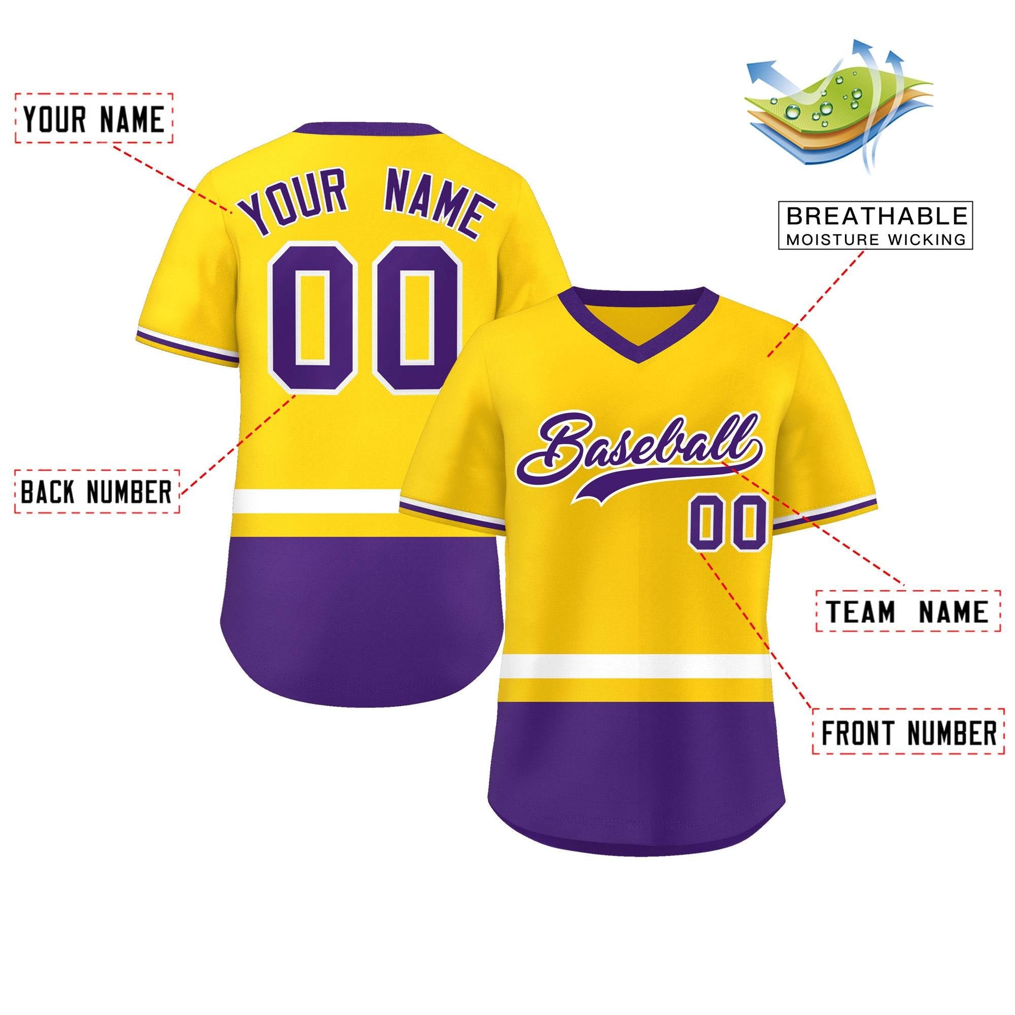 Custom Gold White-Purple Color Block Personalized V-Neck Authentic Pullover Baseball Jersey