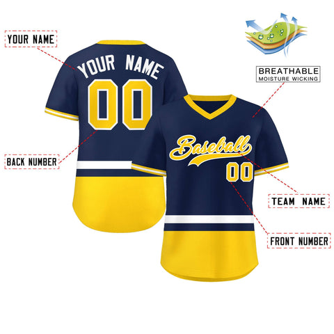 Custom Navy White-Gold Color Block Personalized V-Neck Authentic Pullover Baseball Jersey
