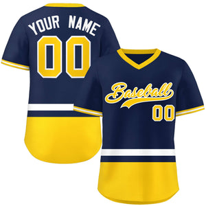 Custom Navy White-Gold Color Block Personalized V-Neck Authentic Pullover Baseball Jersey