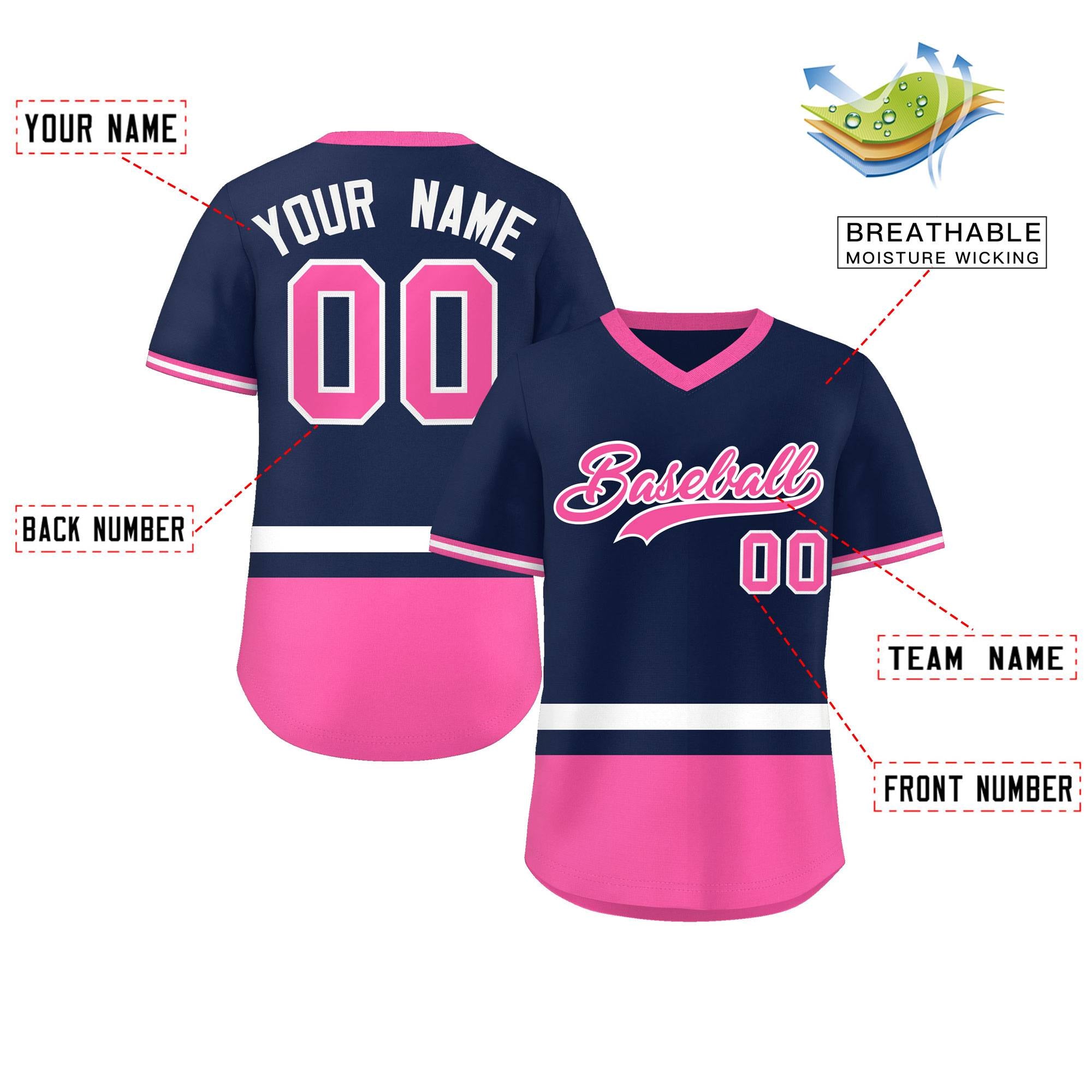 Custom Navy White-Pink Color Block Personalized V-Neck Authentic Pullover Baseball Jersey