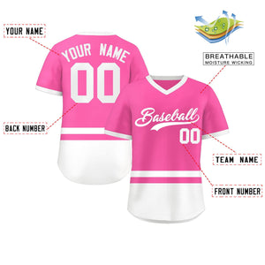 Custom Pink White Color Block Personalized V-Neck Authentic Pullover Baseball Jersey