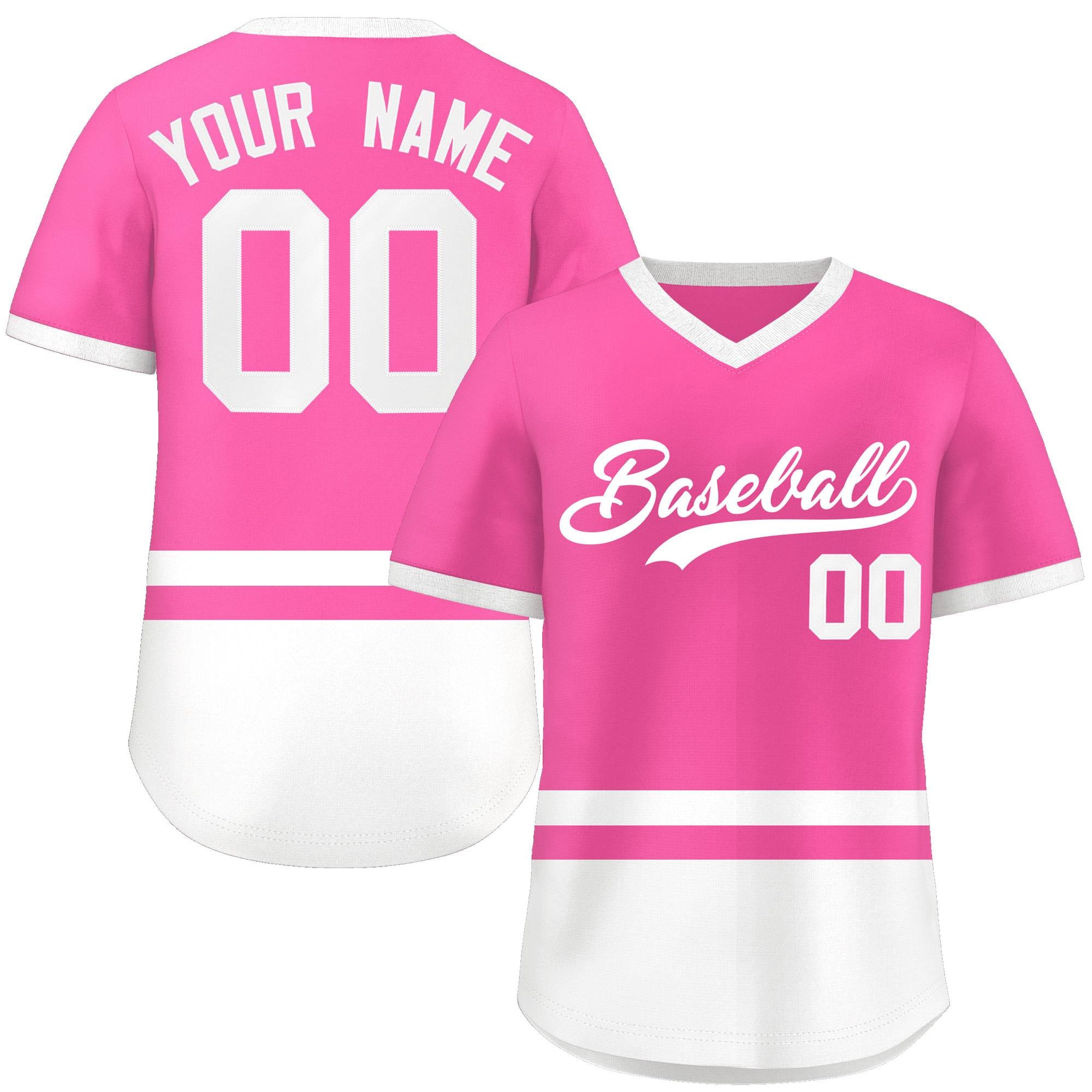 Custom Pink White Color Block Personalized V-Neck Authentic Pullover Baseball Jersey