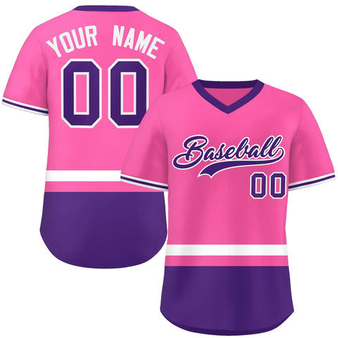 Custom Pink White-Purple Color Block Personalized V-Neck Authentic Pullover Baseball Jersey