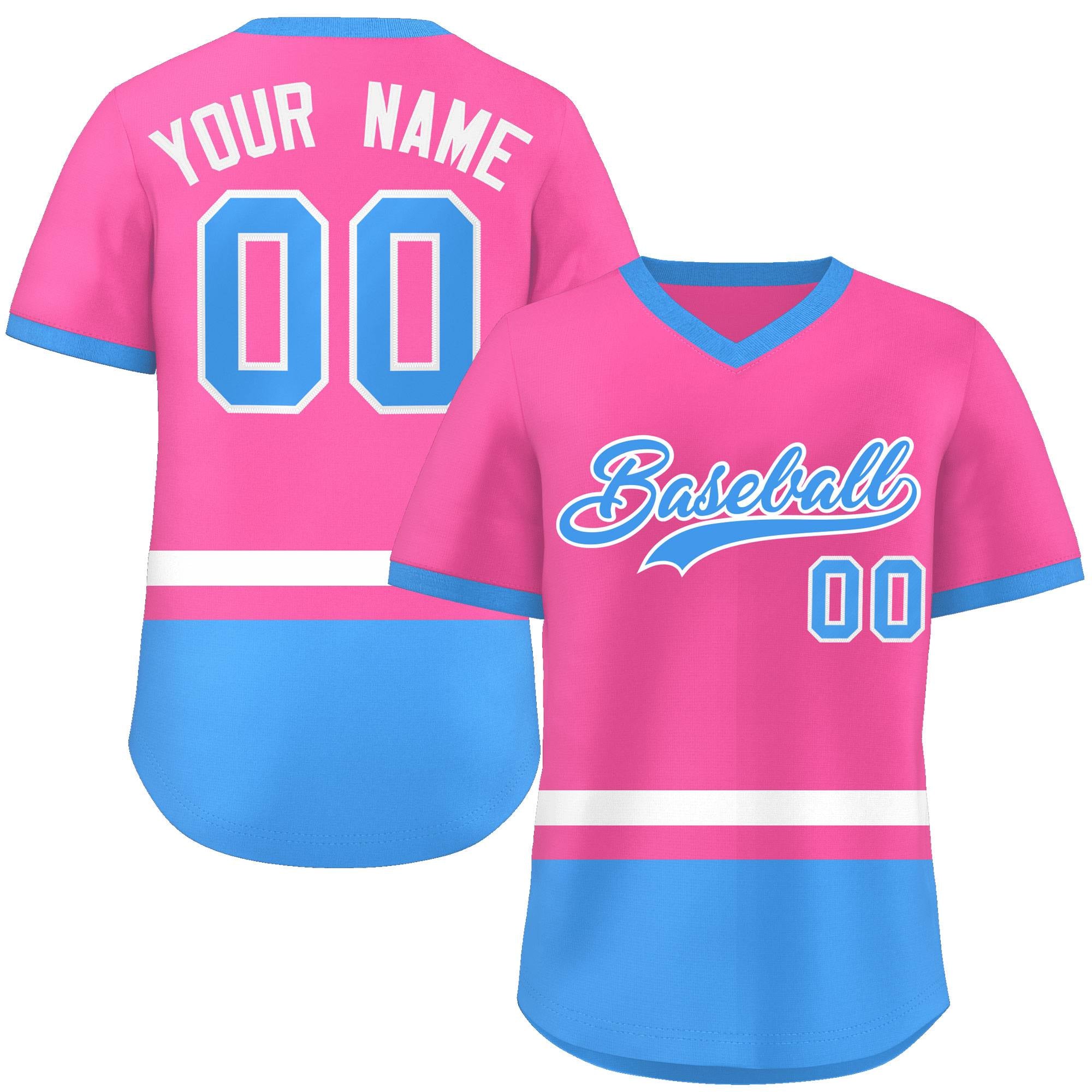 Custom Pink White-Powder Blue Color Block Personalized V-Neck Authentic Pullover Baseball Jersey