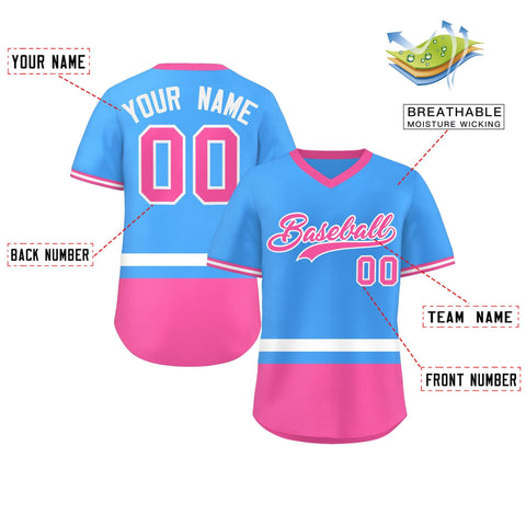 Custom Powder Blue White-Pink Color Block Personalized V-Neck Authentic Pullover Baseball Jersey