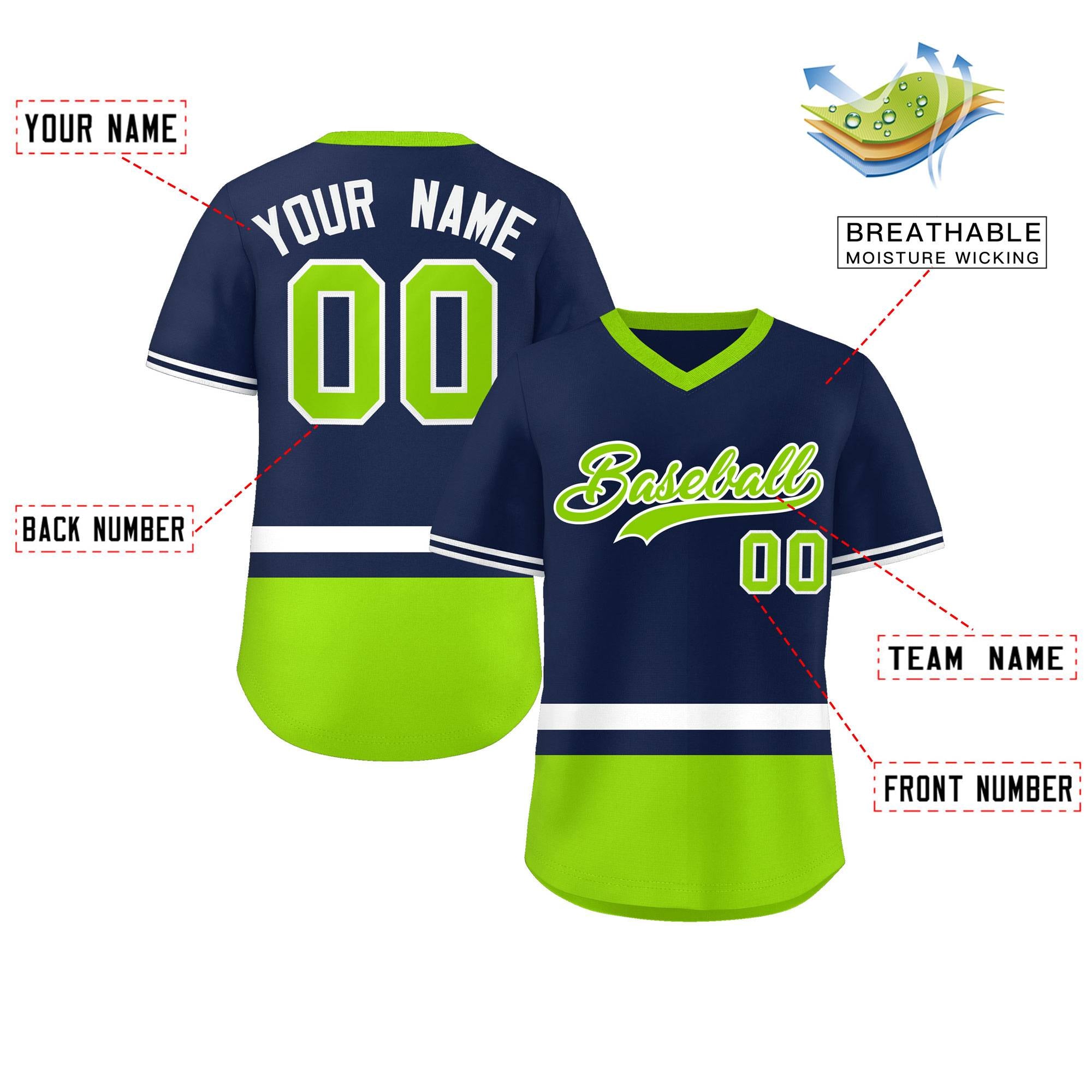 Custom Navy White-Neon Green Color Block Personalized V-Neck Authentic Pullover Baseball Jersey