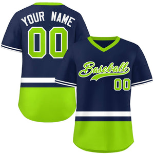 Custom Navy White-Neon Green Color Block Personalized V-Neck Authentic Pullover Baseball Jersey