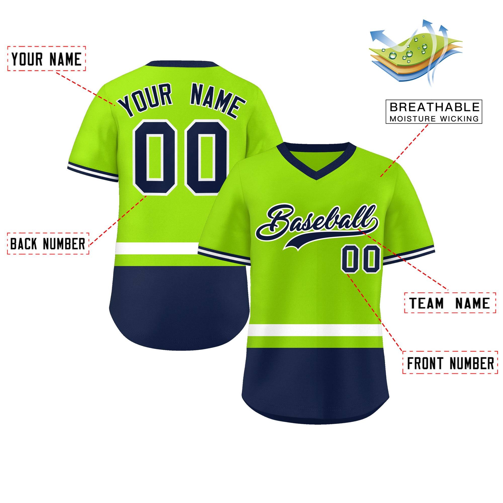 Custom Neon Green White-Navy Color Block Personalized V-Neck Authentic Pullover Baseball Jersey