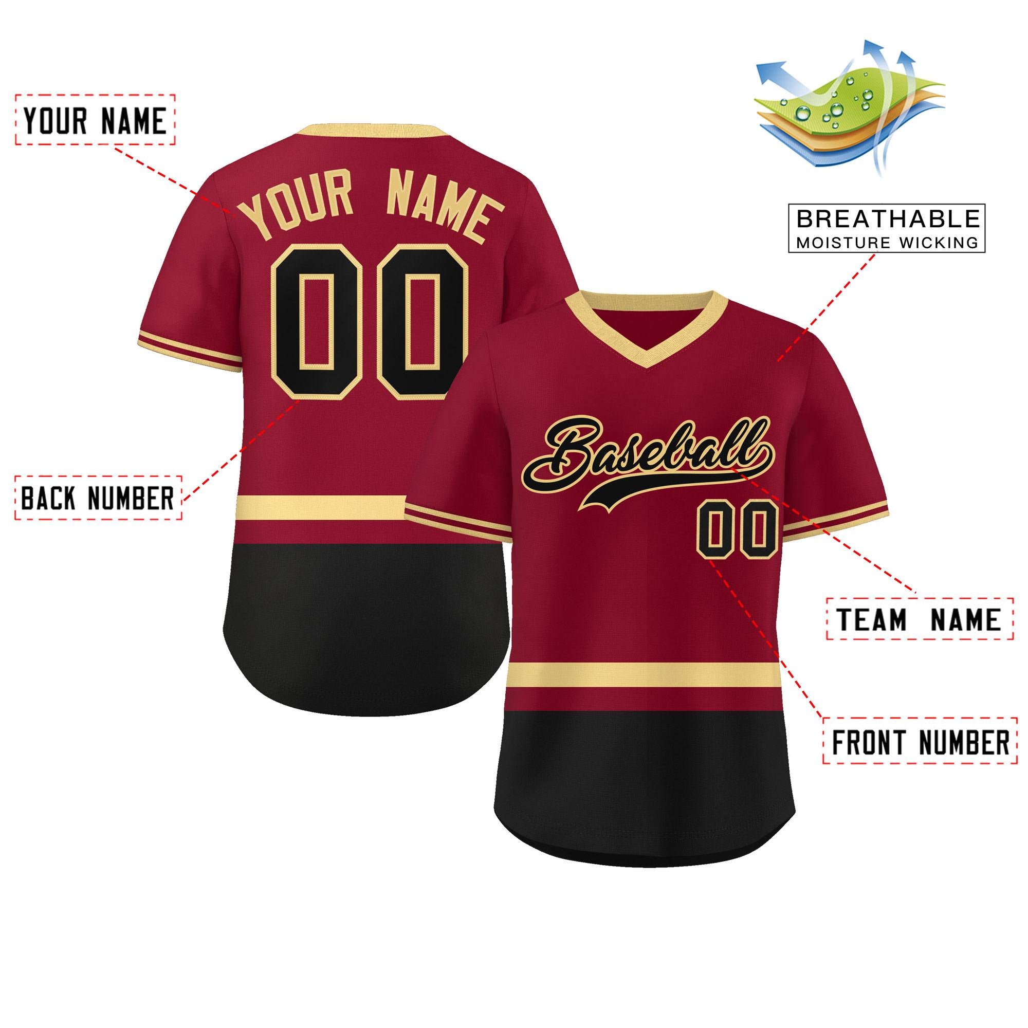 Custom Crimson Khaki-Black Color Block Personalized V-Neck Authentic Pullover Baseball Jersey