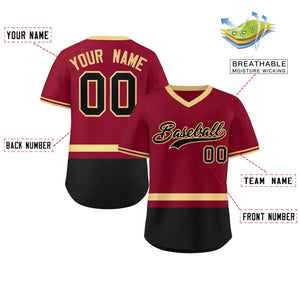 Custom Crimson Khaki-Black Color Block Personalized V-Neck Authentic Pullover Baseball Jersey