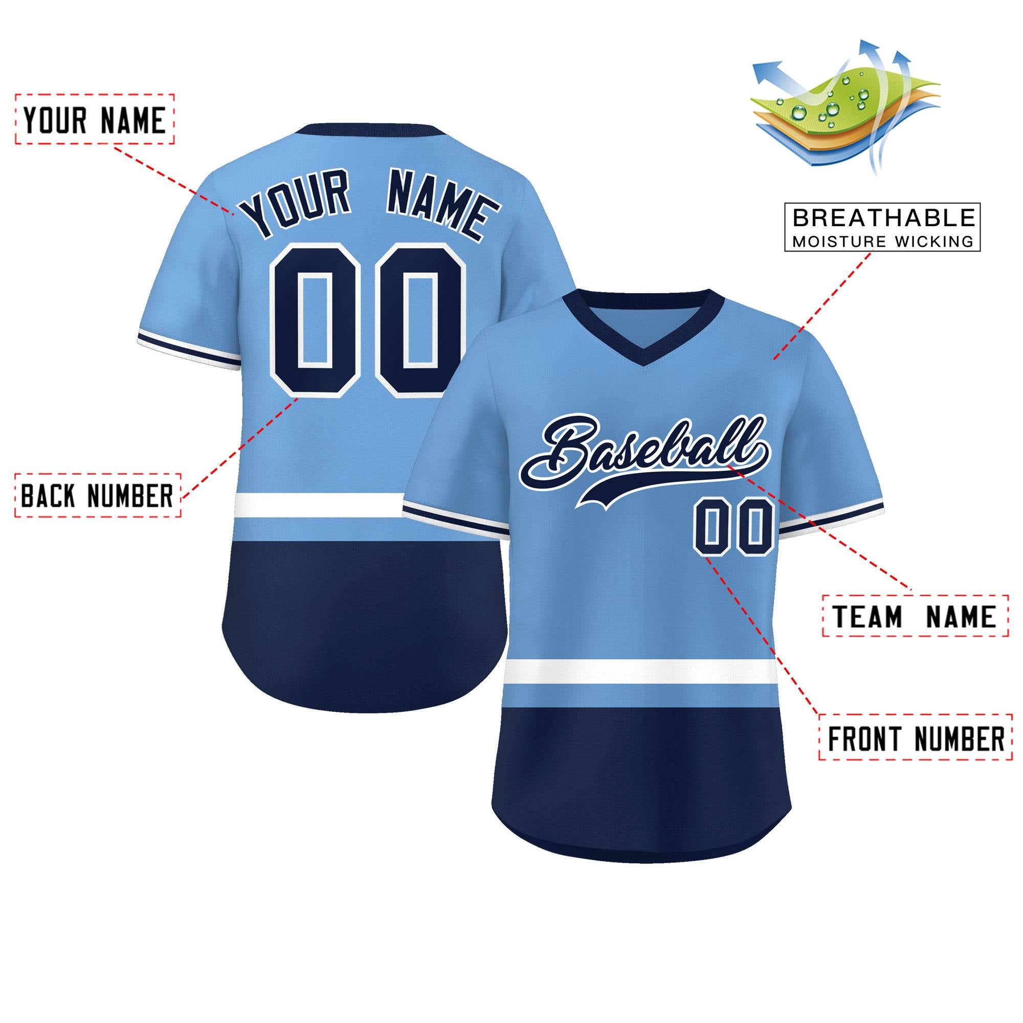 Custom Light Blue White-Navy Color Block Personalized V-Neck Authentic Pullover Baseball Jersey