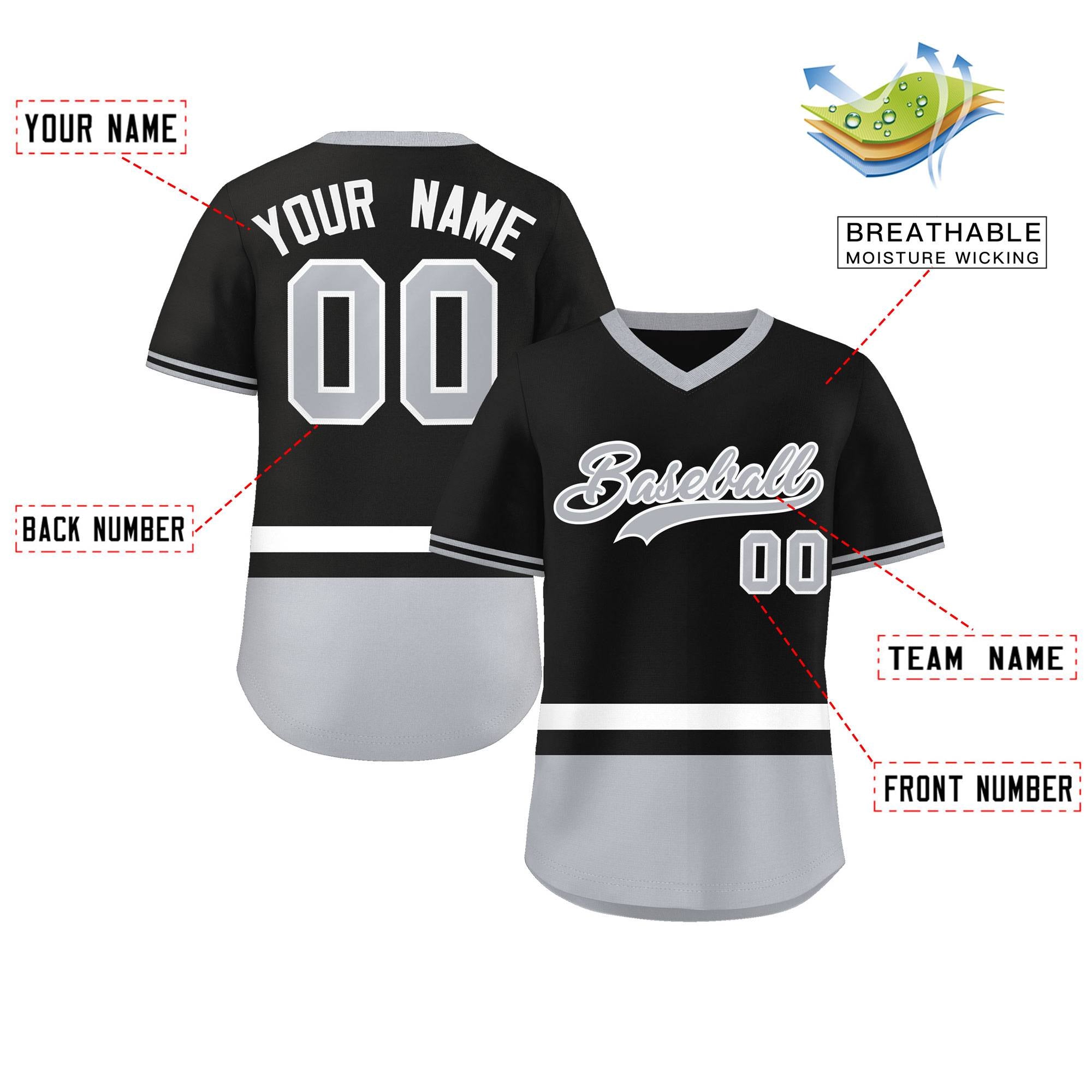 Custom Black White-Gray Color Block Personalized V-Neck Authentic Pullover Baseball Jersey