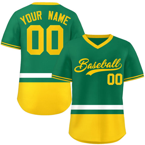 Custom Kelly Green White-Gold Color Block Personalized V-Neck Authentic Pullover Baseball Jersey