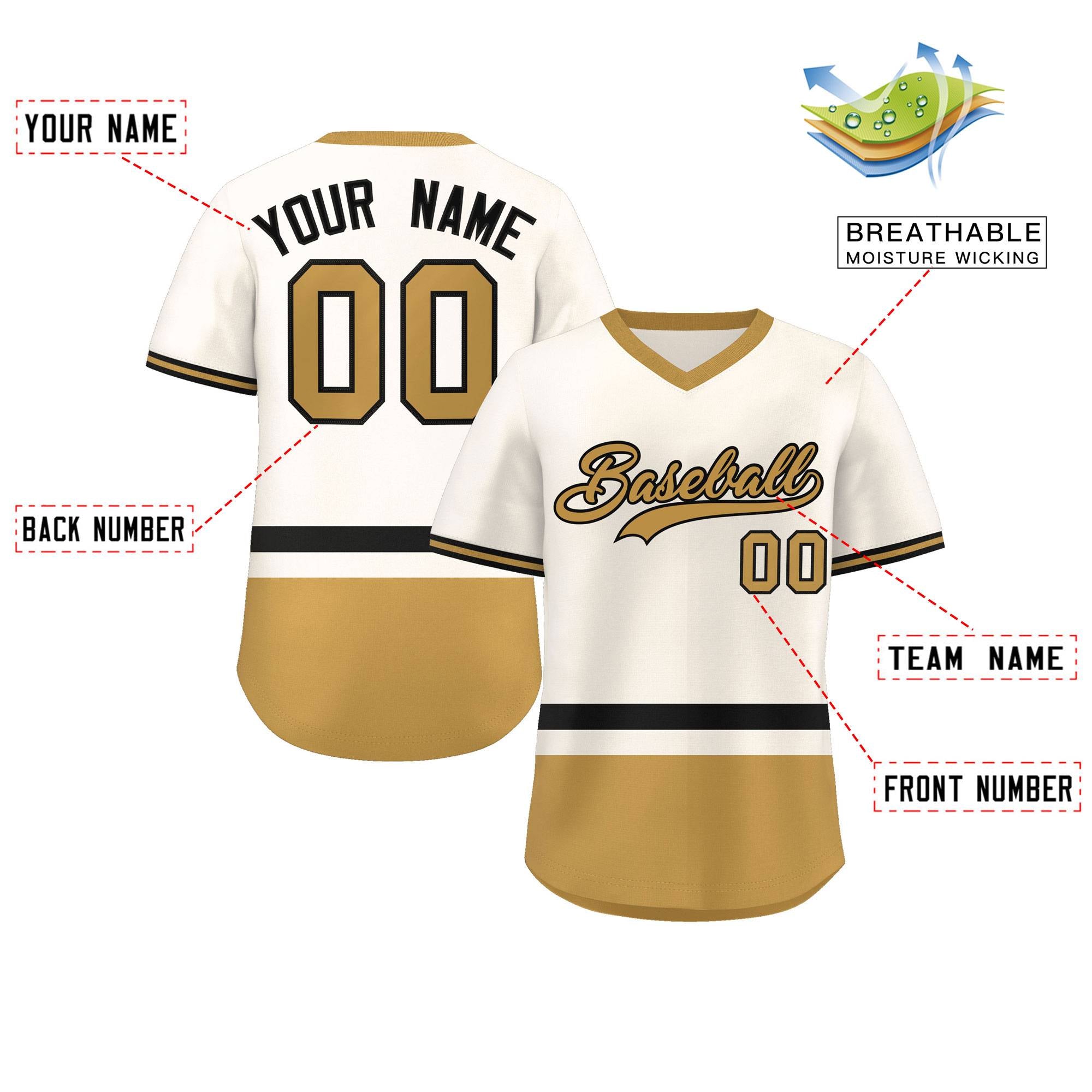 Custom Cream Black-Old Gold Color Block Personalized V-Neck Authentic Pullover Baseball Jersey