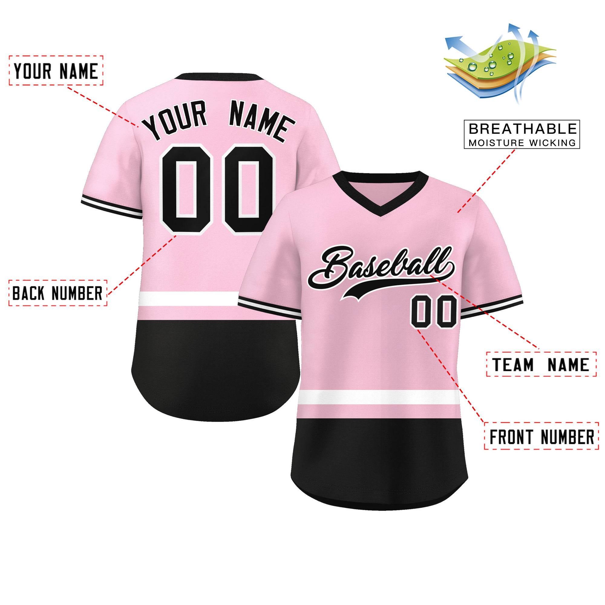 Custom Light Pink White-Black Color Block Personalized V-Neck Authentic Pullover Baseball Jersey