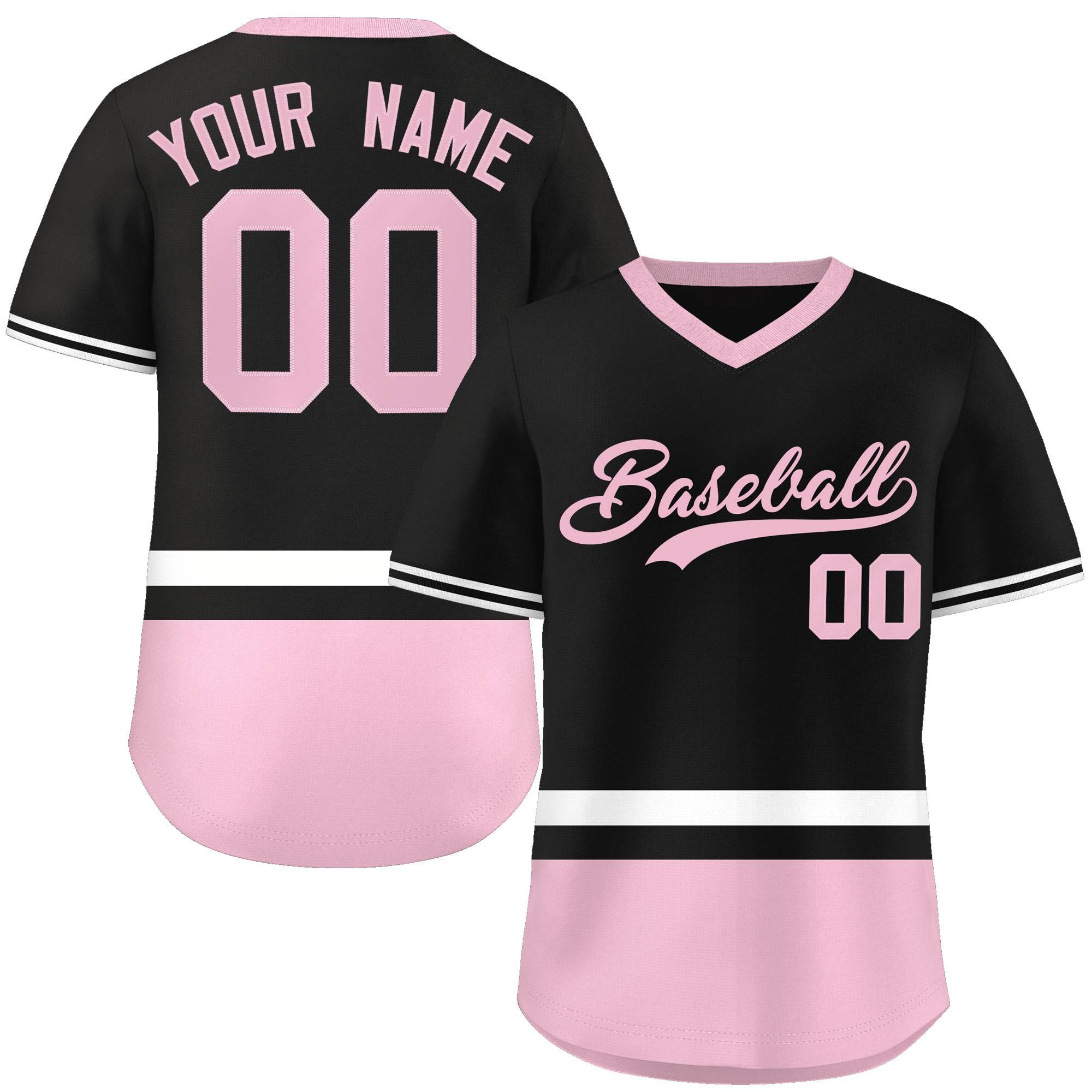 Custom Black White-Light Pink Color Block Personalized V-Neck Authentic Pullover Baseball Jersey