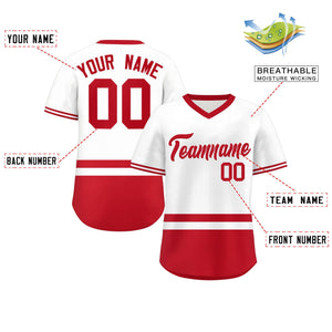 Custom White Red Color Block Personalized V-Neck Authentic Pullover Baseball Jersey