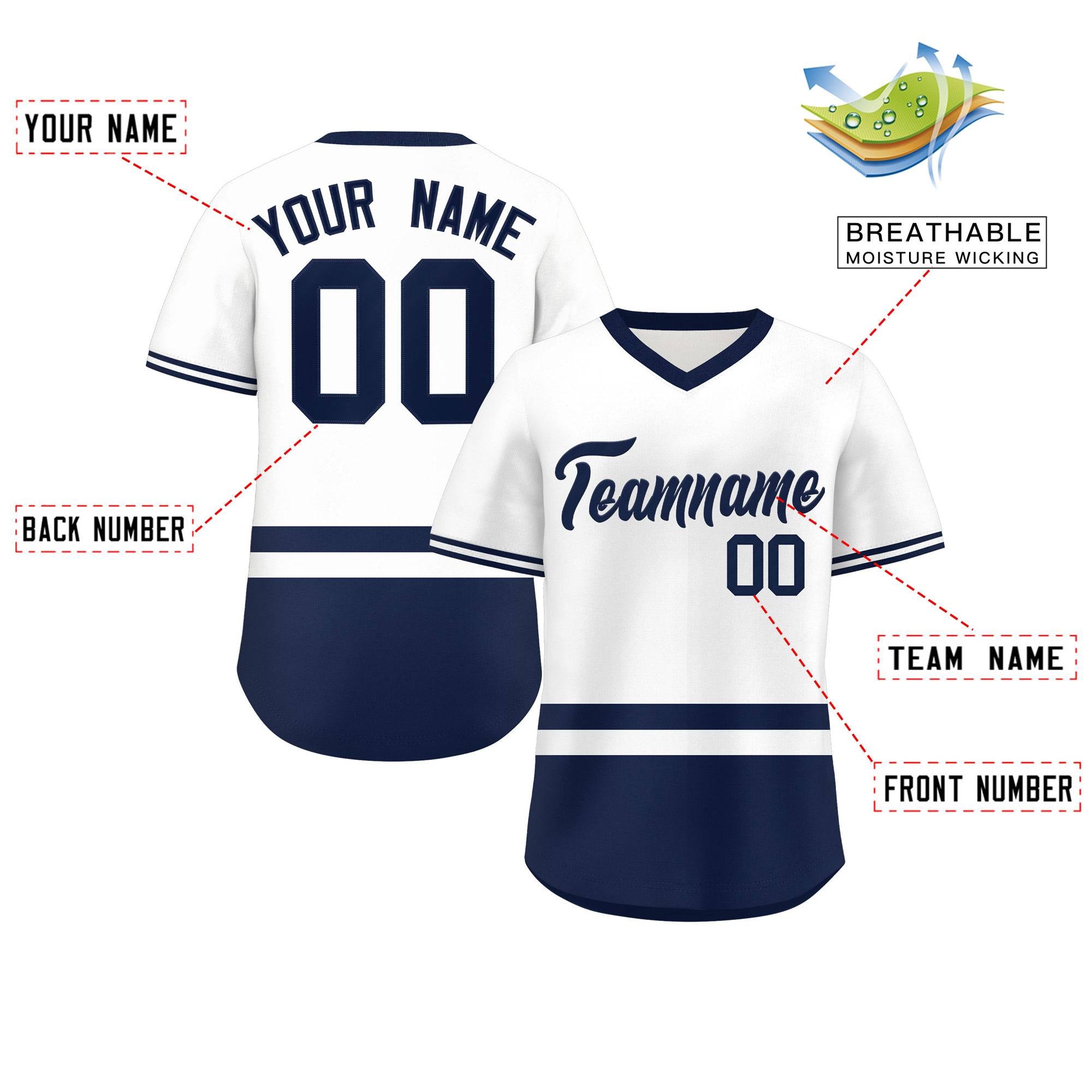 Custom White Navy Color Block Personalized V-Neck Authentic Pullover Baseball Jersey