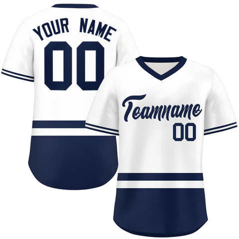 Custom White Navy Color Block Personalized V-Neck Authentic Pullover Baseball Jersey