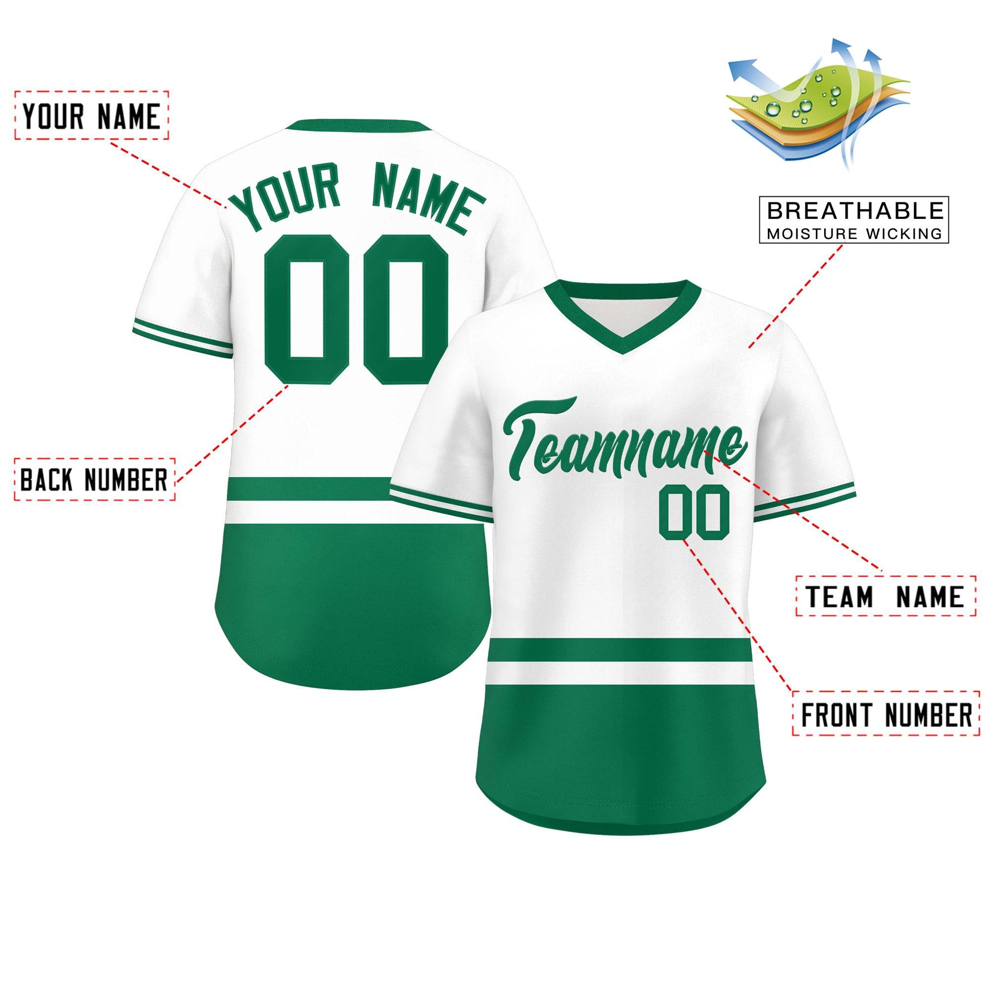 Custom White Kelly Green Color Block Personalized V-Neck Authentic Pullover Baseball Jersey