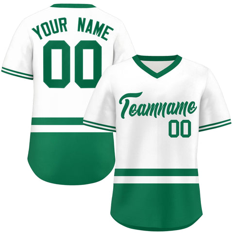 Custom White Kelly Green Color Block Personalized V-Neck Authentic Pullover Baseball Jersey