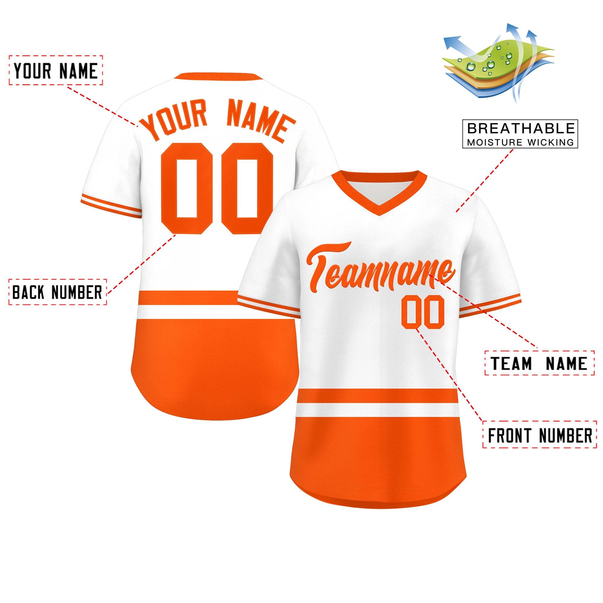 Custom White Orange Color Block Personalized V-Neck Authentic Pullover Baseball Jersey