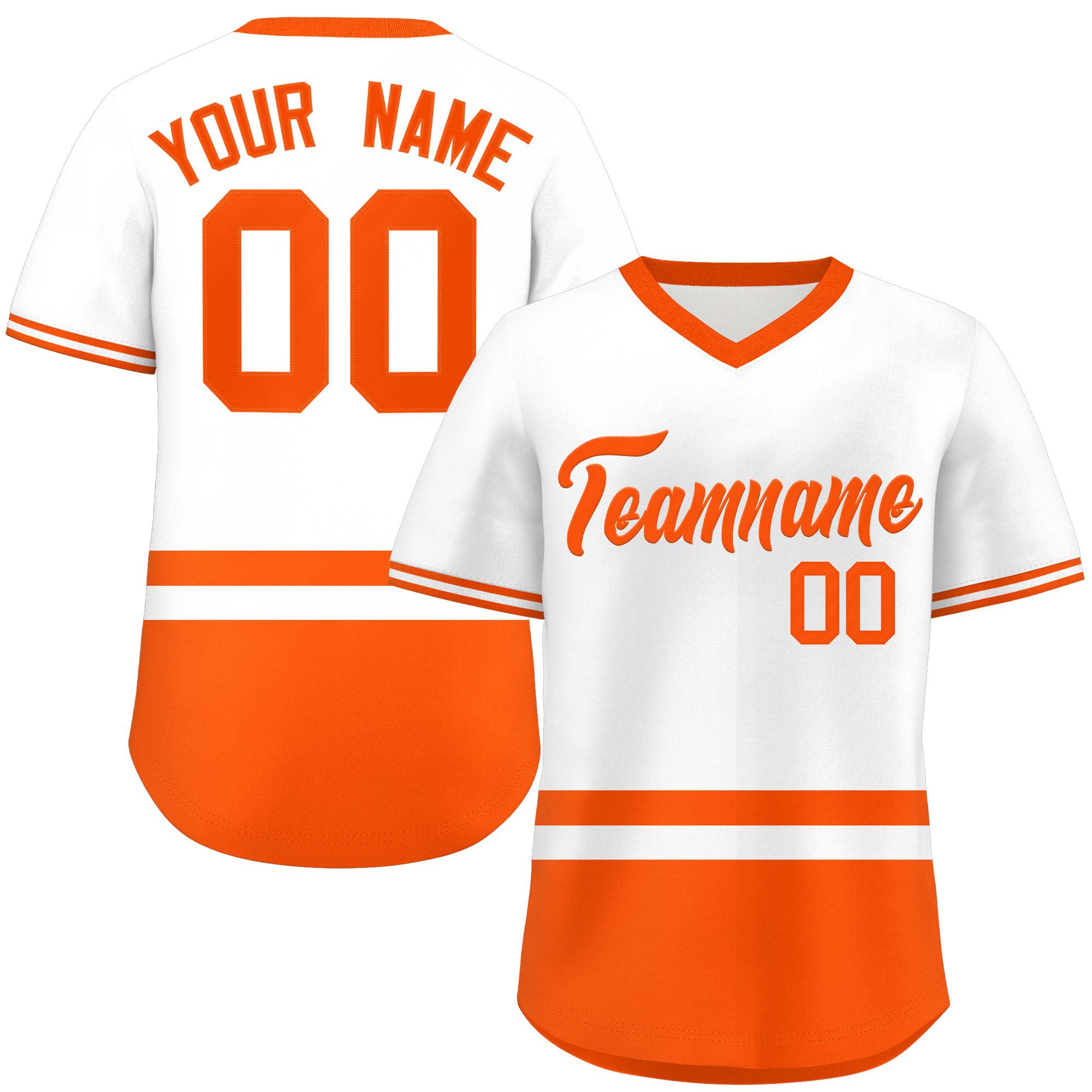 Custom White Orange Color Block Personalized V-Neck Authentic Pullover Baseball Jersey