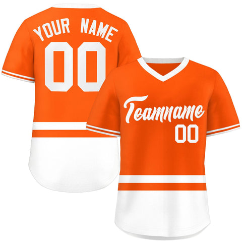Custom Orange White Color Block Personalized V-Neck Authentic Pullover Baseball Jersey