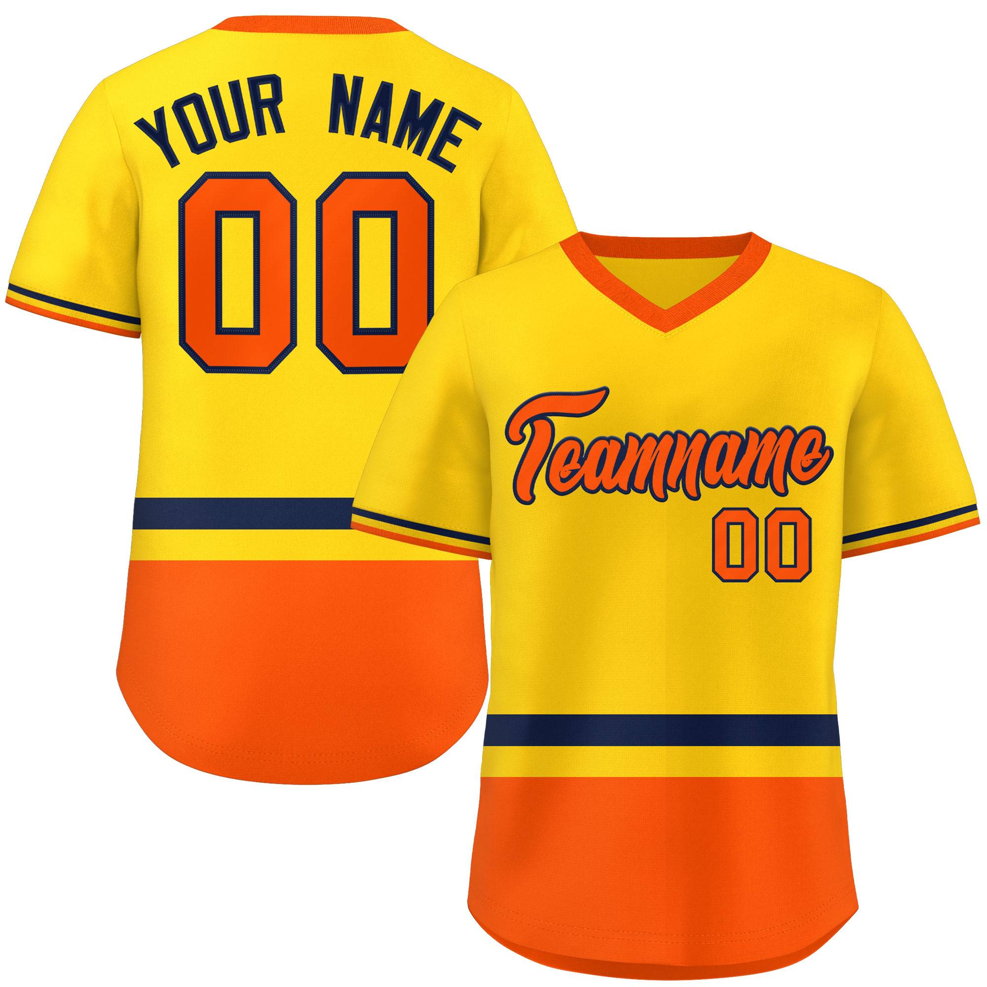 Custom Gold Navy-Orange Color Block Personalized V-Neck Authentic Pullover Baseball Jersey