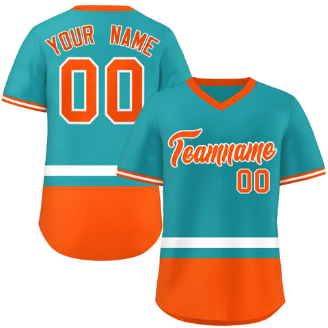 Custom Aqua White-Orange Color Block Personalized V-Neck Authentic Pullover Baseball Jersey