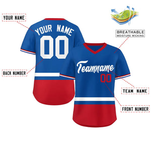 Custom Royal White-Red Color Block Personalized V-Neck Authentic Pullover Baseball Jersey