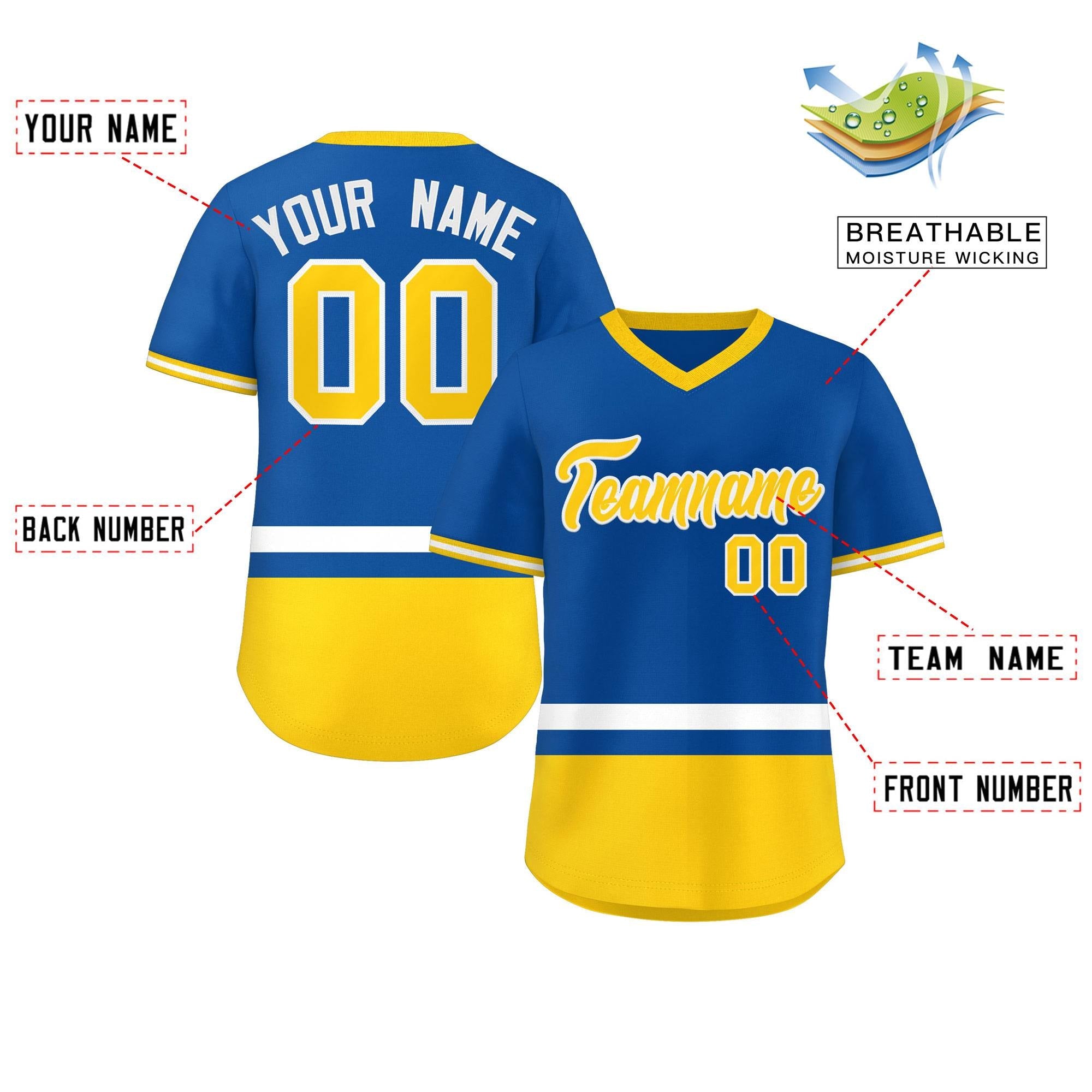 Custom Royal White-Gold Color Block Personalized V-Neck Authentic Pullover Baseball Jersey