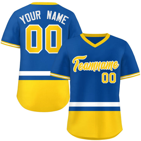 Custom Royal White-Gold Color Block Personalized V-Neck Authentic Pullover Baseball Jersey