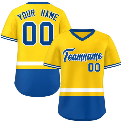 Custom Gold White-Royal Color Block Personalized V-Neck Authentic Pullover Baseball Jersey