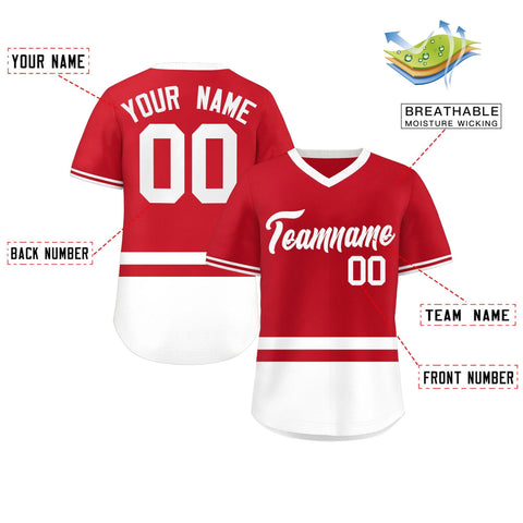 Custom Red White Color Block Personalized V-Neck Authentic Pullover Baseball Jersey