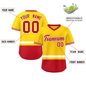 Custom Gold White-Red Color Block Personalized V-Neck Authentic Pullover Baseball Jersey