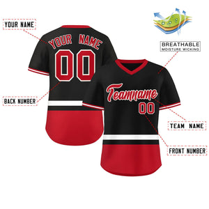 Custom Black White-Red Color Block Personalized V-Neck Authentic Pullover Baseball Jersey