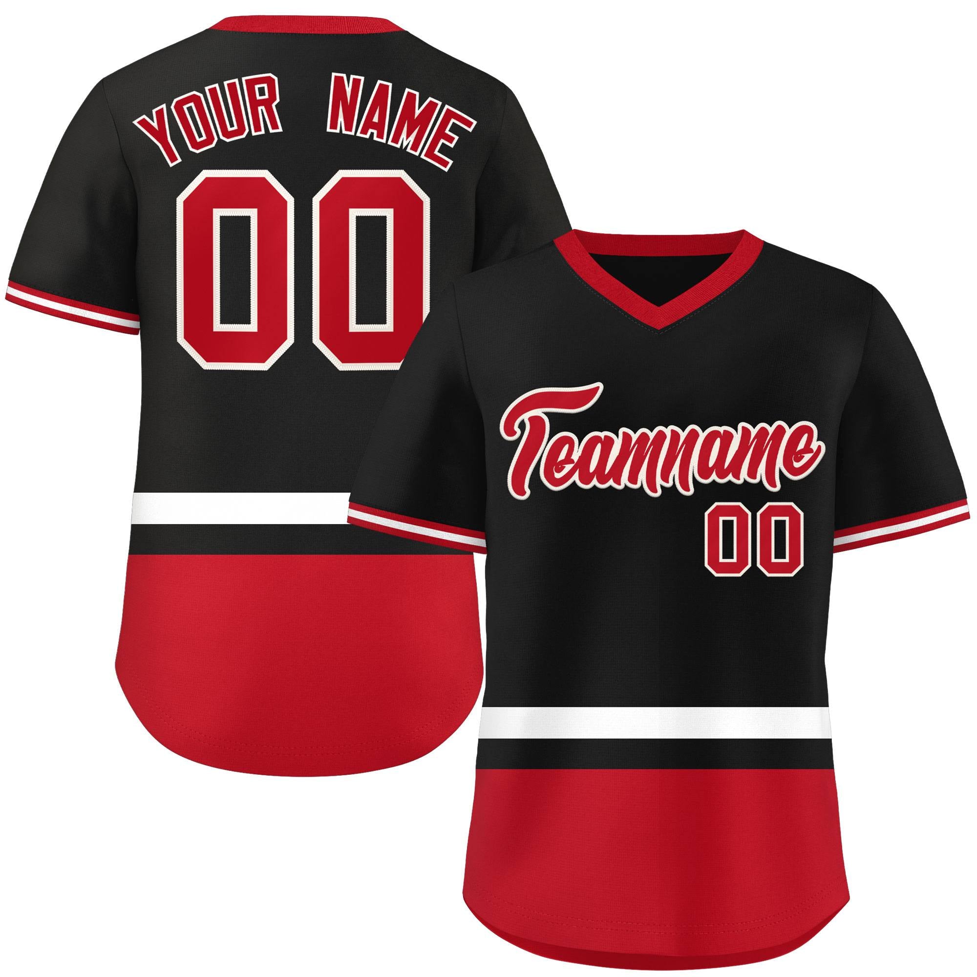 Custom Black White-Red Color Block Personalized V-Neck Authentic Pullover Baseball Jersey