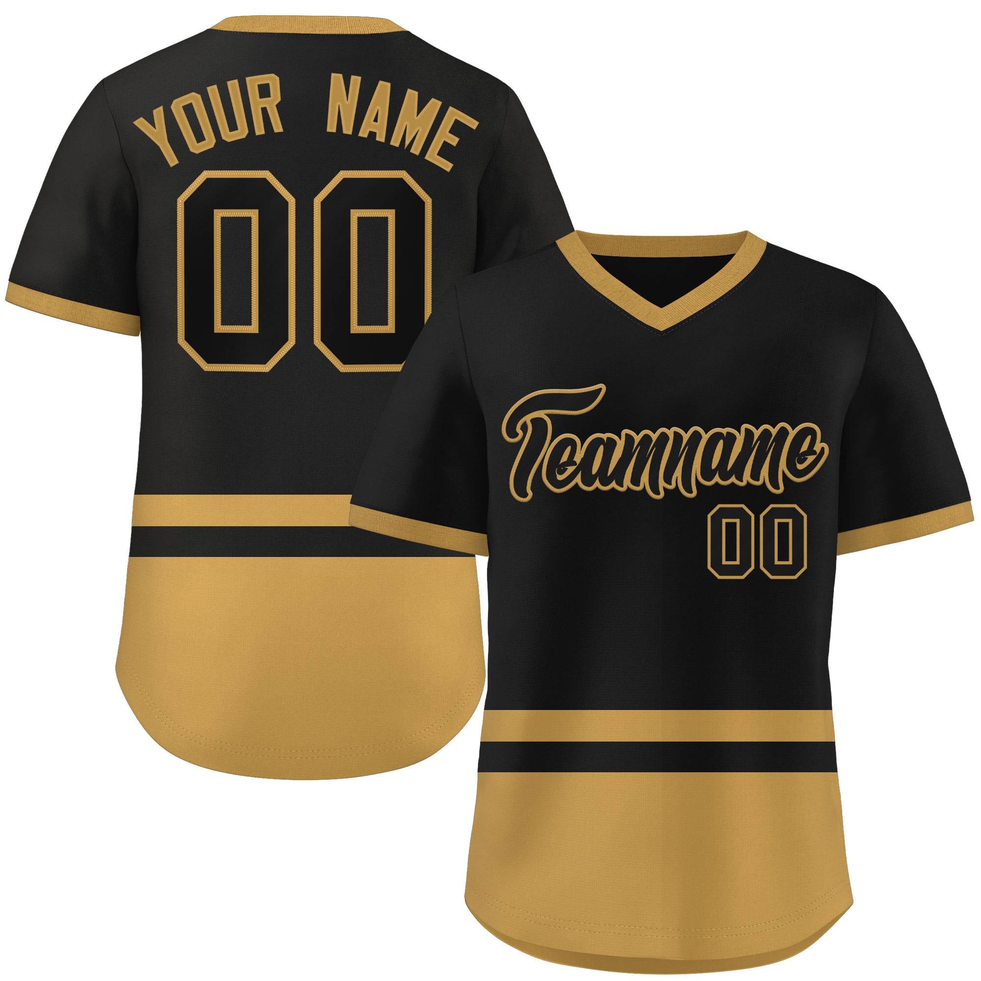 Custom Black Old Gold Color Block Personalized V-Neck Authentic Pullover Baseball Jersey