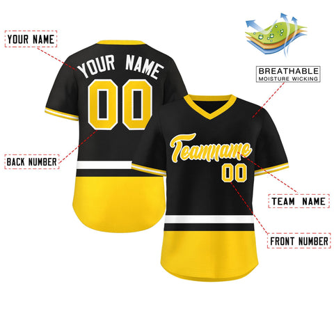 Custom Black White-Gold Color Block Personalized V-Neck Authentic Pullover Baseball Jersey