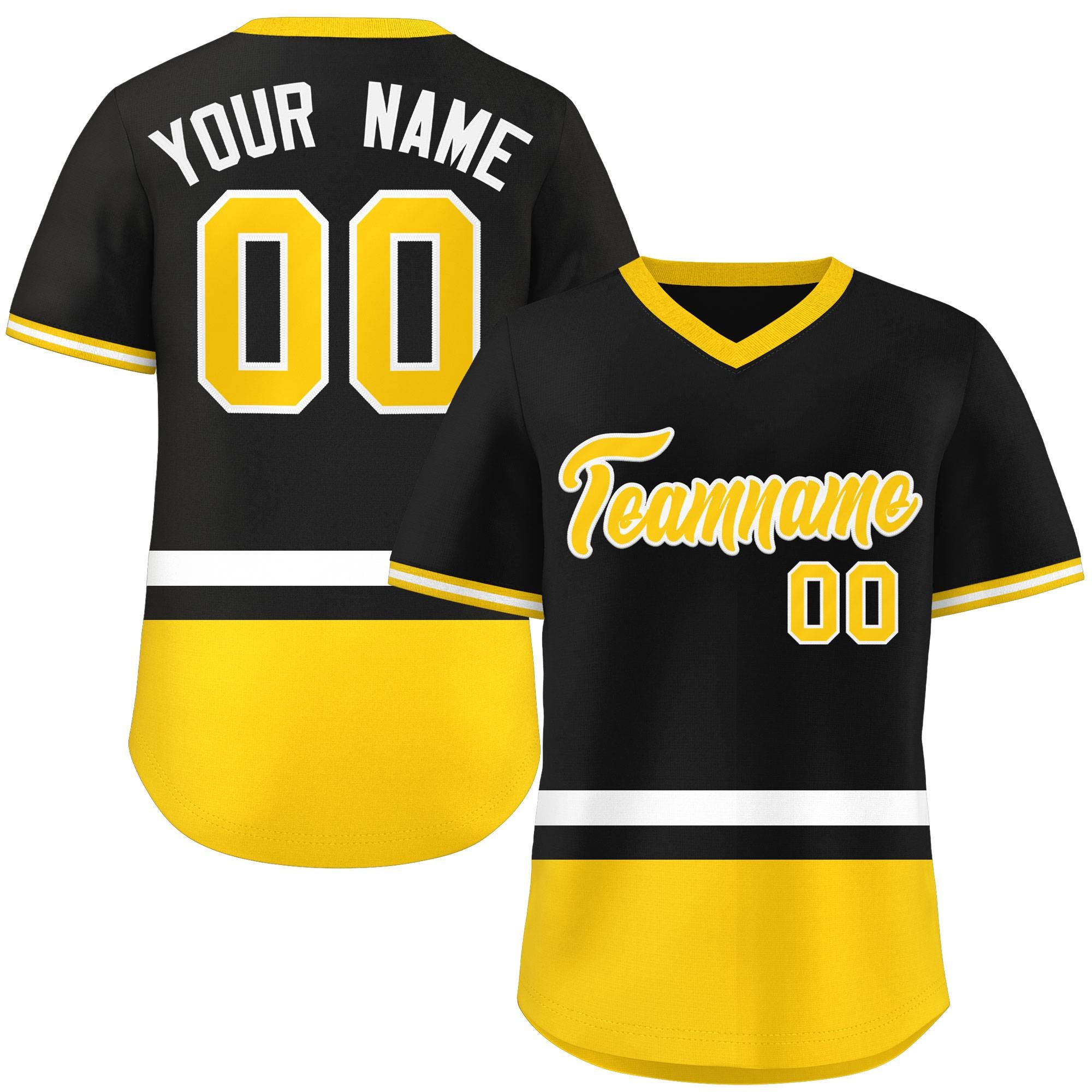 Custom Black White-Gold Color Block Personalized V-Neck Authentic Pullover Baseball Jersey