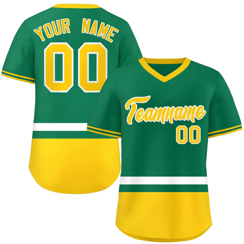 Custom Kelly Green White-Gold Color Block Personalized V-Neck Authentic Pullover Baseball Jersey