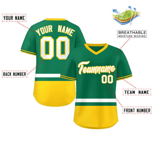 Custom Kelly Green White-Gold Color Block Personalized V-Neck Authentic Pullover Baseball Jersey