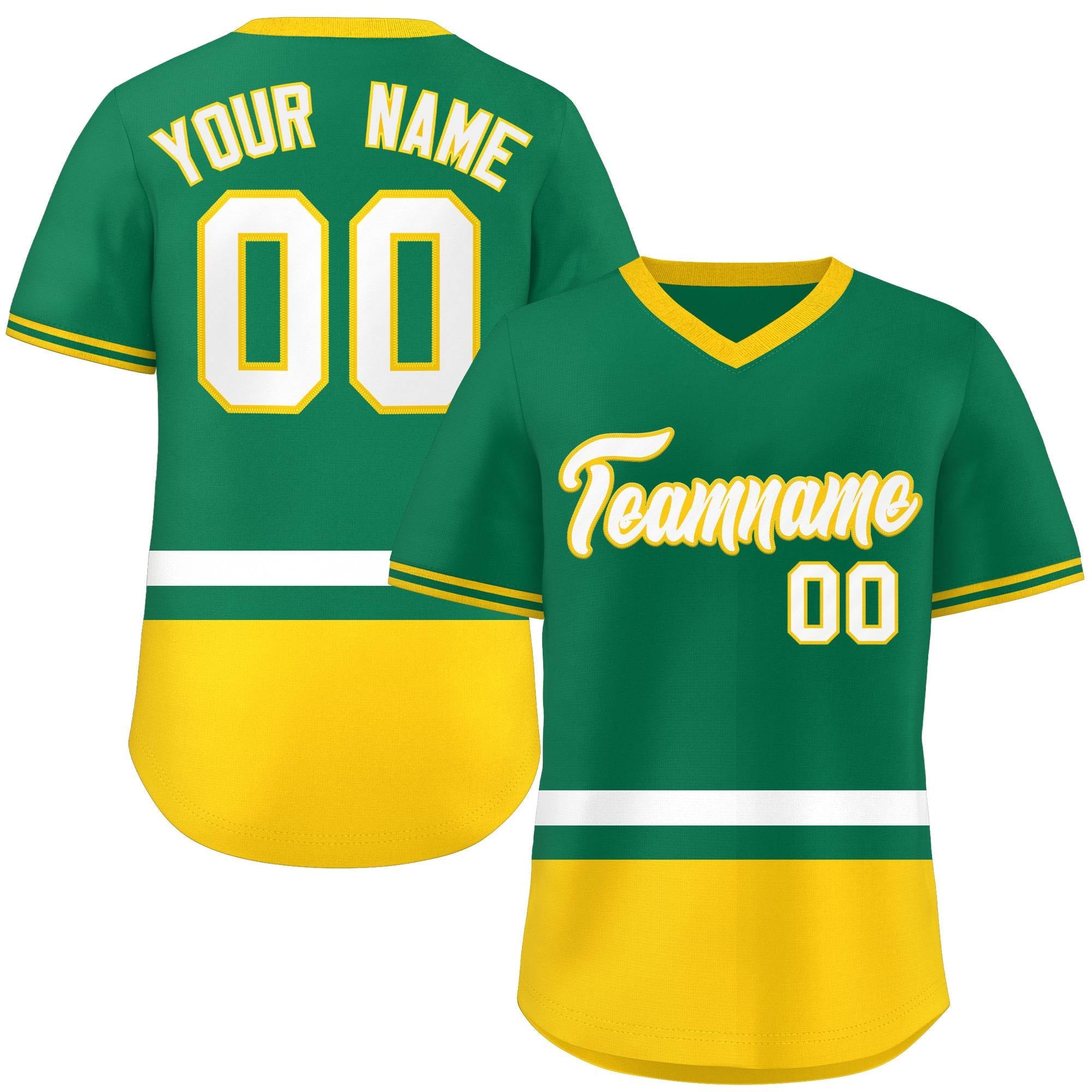 Custom Kelly Green White-Gold Color Block Personalized V-Neck Authentic Pullover Baseball Jersey