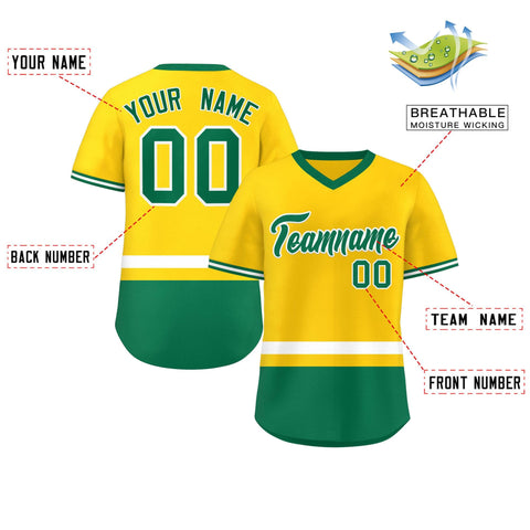 Custom Gold White-Kelly Green Color Block Personalized V-Neck Authentic Pullover Baseball Jersey