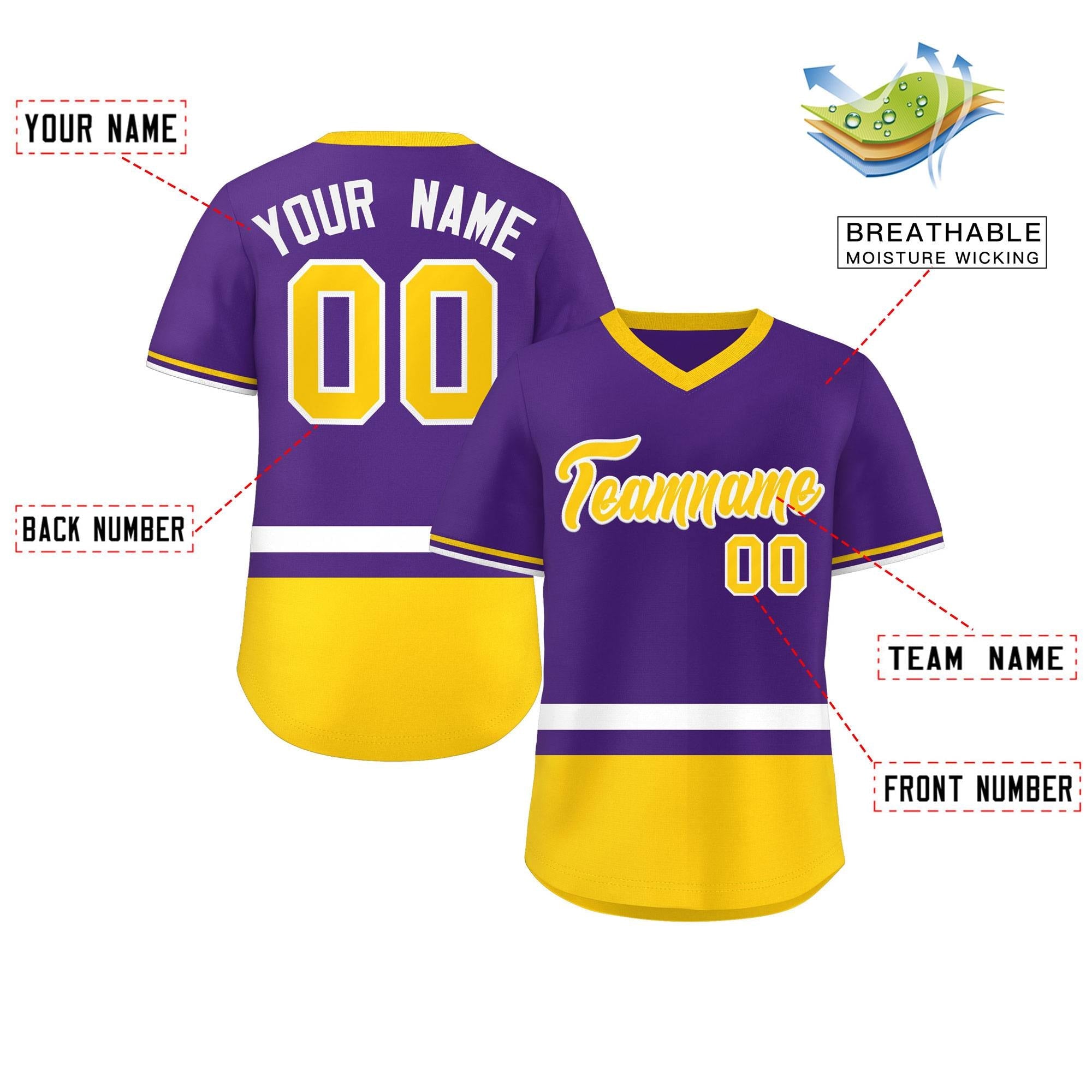 Custom Purple White-Gold Color Block Personalized V-Neck Authentic Pullover Baseball Jersey