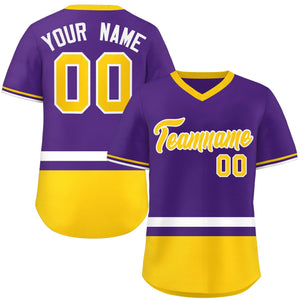 Custom Purple White-Gold Color Block Personalized V-Neck Authentic Pullover Baseball Jersey