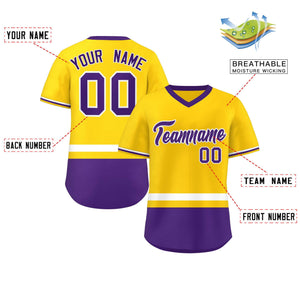 Custom Gold White-Purple Color Block Personalized V-Neck Authentic Pullover Baseball Jersey