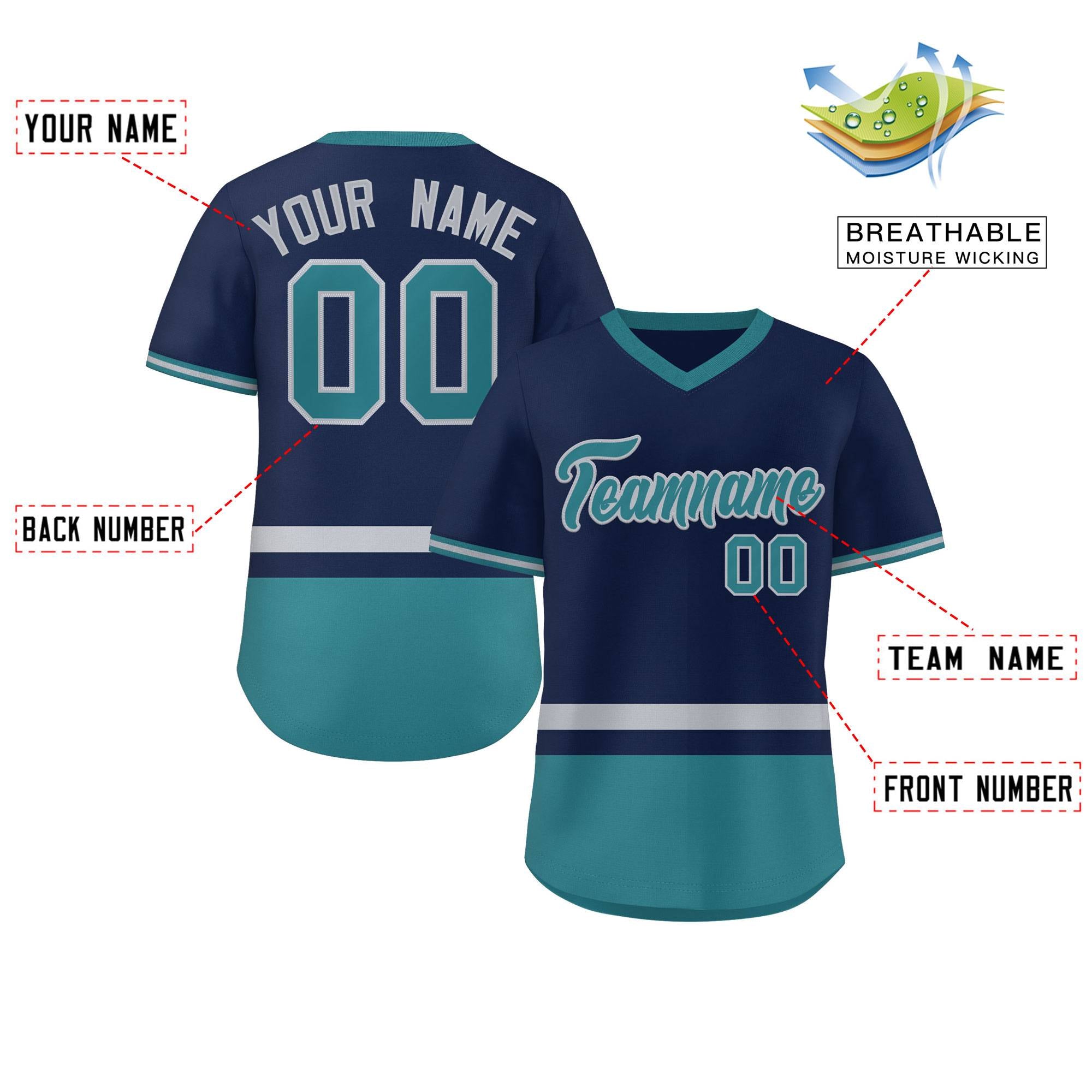 Custom Navy Gray-Aqua Color Block Personalized V-Neck Authentic Pullover Baseball Jersey