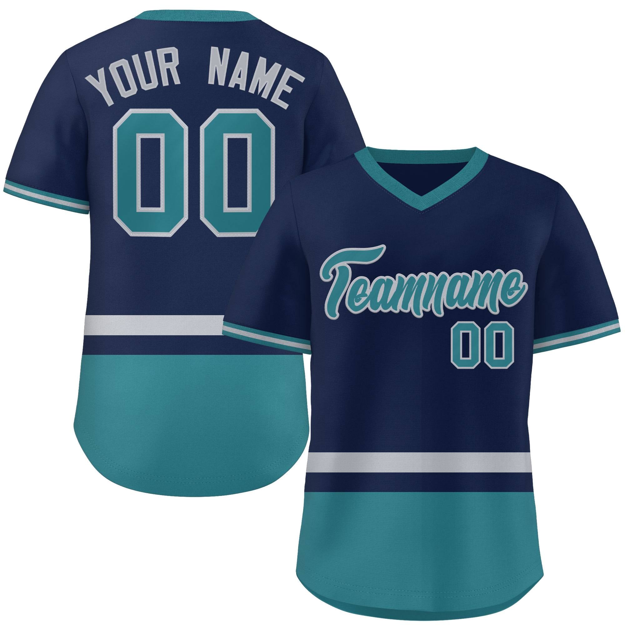 Custom Navy Gray-Aqua Color Block Personalized V-Neck Authentic Pullover Baseball Jersey